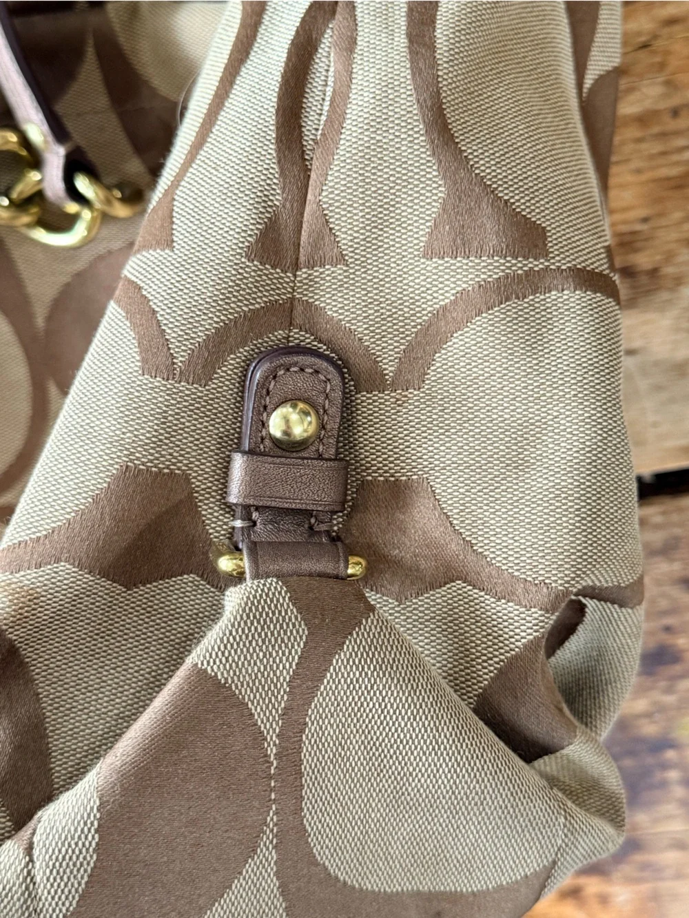 Coach Brown and Tan Canvas Shoulder Bag with Gold Hardware
